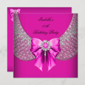 Hot Pink Silver Elegant Birthday Party Kaart (Voorkant / Achterkant)