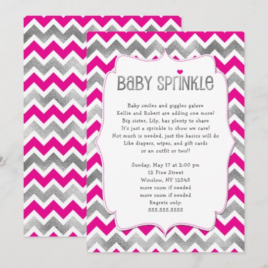 Hot Pink Silver Girl Baby Sprinkle Uitnodigingen (Voorkant / Achterkant)