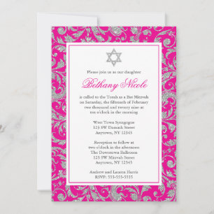Hot Pink Silver Glitter Swirl Damask Bat Mitzvah Kaart