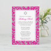 Hot Pink Silver Glitter Swirl Damask Bat Mitzvah Kaart (Staand voorkant)