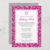 Hot Pink Silver Glitter Swirl Damask Bat Mitzvah Kaart (Voorkant / Achterkant)