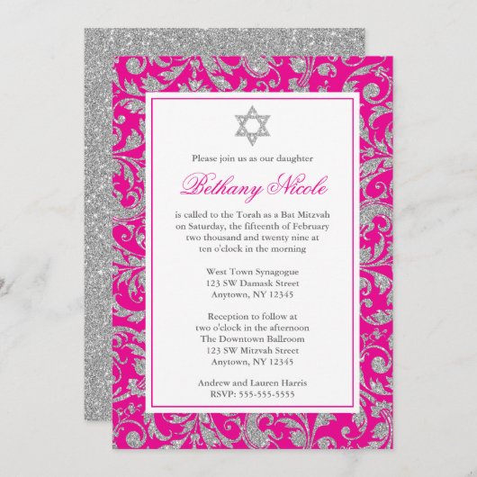Hot Pink Silver Glitter Swirl Damask Bat Mitzvah Kaart (Voorkant / Achterkant)