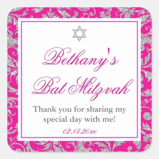 Hot Pink Silver Glitter Swirl Damask Bat Mitzvah Vierkante Sticker (Voorkant)