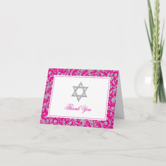 Hot Pink Silver Glitter Swirl Damask Dank u Bedankkaart (Voorkant)