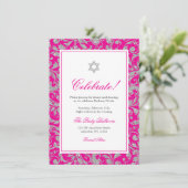 Hot Pink Silver Glitter Swirl Damask Receptie Kaart (Staand voorkant)