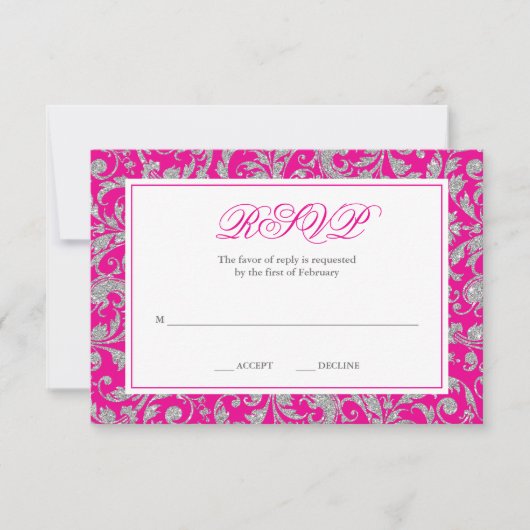Hot Pink Silver Glitter Swirl Damask RSVP (Voorkant)