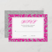Hot Pink Silver Glitter Swirl Damask RSVP (Voorkant / Achterkant)