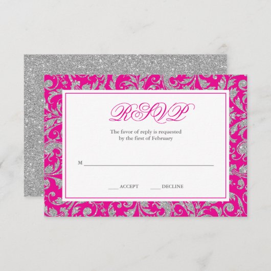 Hot Pink Silver Glitter Swirl Damask RSVP (Voorkant / Achterkant)