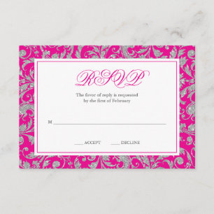 Hot Pink Silver Glitter Swirl Damask RSVP Kaartje