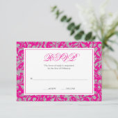 Hot Pink Silver Glitter Swirl Damask RSVP Kaartje (Staand voorkant)