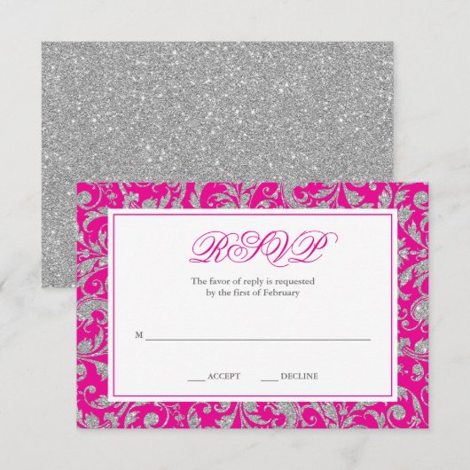 Hot Pink Silver Glitter Swirl Damask RSVP Kaartje (Voorkant / Achterkant)