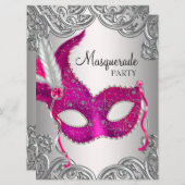Hot Pink Silver Mask Masquerade Ball Party Kaart (Voorkant / Achterkant)