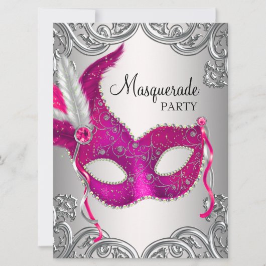 Hot Pink Silver Mask Masquerade Ball Party Kaart (Voorkant)