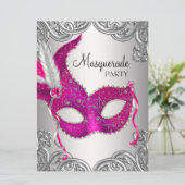 Hot Pink Silver Mask Masquerade Ball Party Kaart (Staand voorkant)