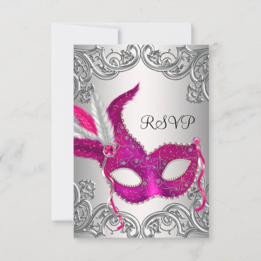 Hot Pink Silver Mask Masquerade Party RSVP (Voorkant)