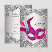 Hot Pink Silver Mask Masquerade Party RSVP (Voorkant / Achterkant)