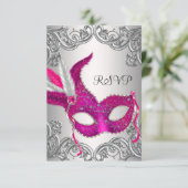 Hot Pink Silver Mask Masquerade Party RSVP Kaartje (Staand voorkant)
