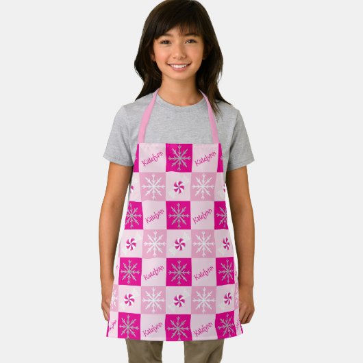 Hot Pink & Silver Peppermints Snowflakes Naam toev Schort (Insitu)