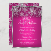 Hot Pink Silver Snowflake Sweet 16 Uitnodiging (Voorkant / Achterkant)