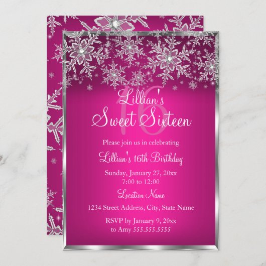 Hot Pink Silver Snowflake Sweet 16 Uitnodiging (Voorkant / Achterkant)