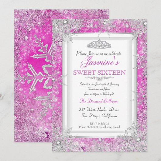 Hot Pink Silver Winter Wonderland Sweet 16 Kaart (Voorkant / Achterkant)
