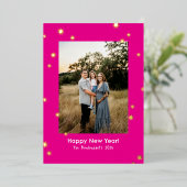Hot Pink Simple Stars One Photo Happy New Year Folie Feestdagenkaart (Staand Voorkant)