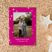 Hot Pink Simple Stars One Photo Happy New Year Folie Feestdagenkaart