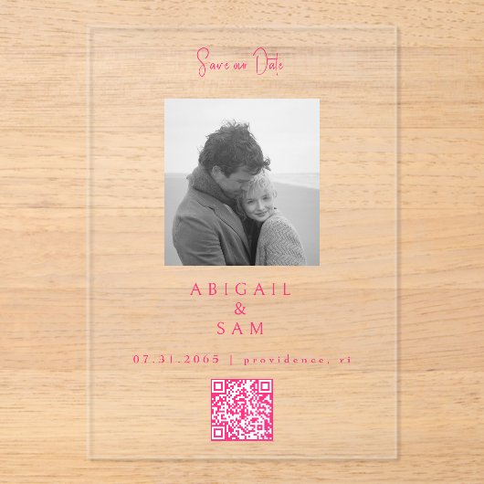 Hot Pink Simplicity B/W Photo Save our Date Acryl Uitnodigingen (Voorkant)