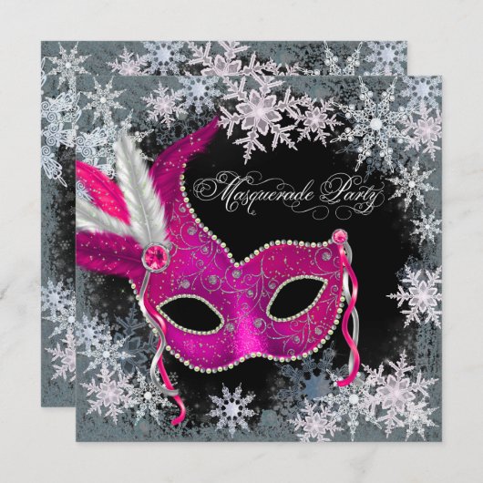 Hot Pink Snowflake Masquerade Party Uitnodigingen (Voorkant / Achterkant)