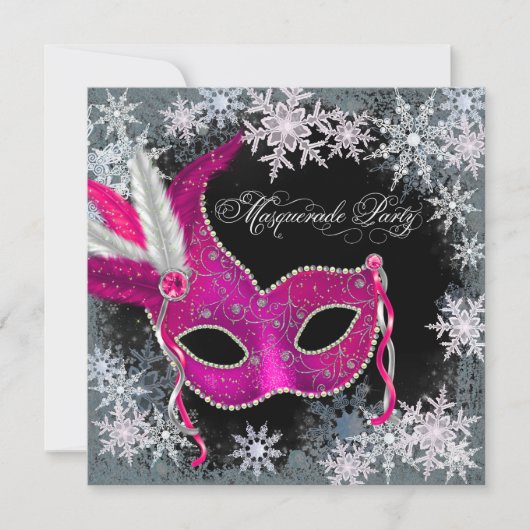 Hot Pink Snowflake Masquerade Party Uitnodigingen (Voorkant)