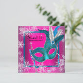 Hot Pink Snowflake Sweet 16 Masquerade Party Kaart (Staand voorkant)