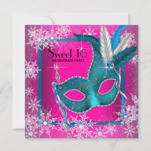 Hot Pink Snowflake Sweet 16 Masquerade Party Kaart (Voorkant)