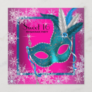 Hot Pink Snowflake Sweet 16 Masquerade Party Kaart