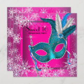 Hot Pink Snowflake Sweet 16 Masquerade Party Kaart (Voorkant / Achterkant)