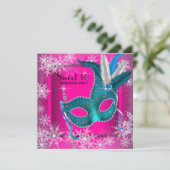 Hot Pink Snowflake Sweet 16 Masquerade Party Kaart (Staand voorkant)