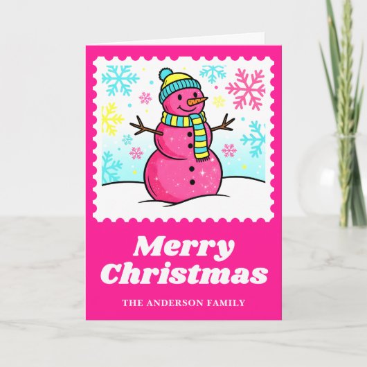 Hot Pink Snowman Postzegel Kerstmis Feestdagen Kaart (Voorkant)