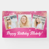 Hot Pink Sparkle Girls Foto Verjaardagsfeest Spandoek (Horizontaal)