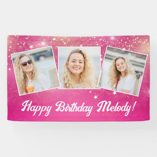 Hot Pink Sparkle Girls Foto Verjaardagsfeest Spandoek (Horizontaal)