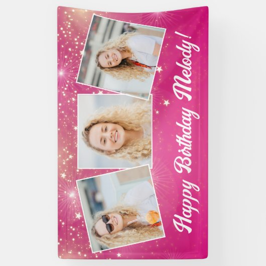 Hot Pink Sparkle Girls Foto Verjaardagsfeest Spandoek (Verticaal)