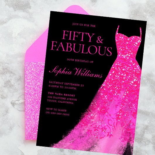 Hot Pink Sparkle Gown & Black 50ste verjaardagsfee Kaart