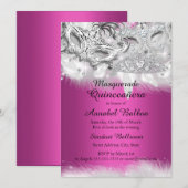 Hot Pink Sparkle Masquerade Quinceanera Invite Kaart (Voorkant / Achterkant)