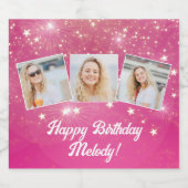 Hot Pink Sparkle Photo Collage Verjaardagsfeest Sparkling Wijnetiket (Enkel label)