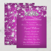 Hot Pink Sparkle Tiara Stars Quinceanera Kaart (Voorkant / Achterkant)