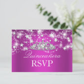 Hot Pink Sparkle Tiara & Stars Quinceanera RSVP (Staand voorkant)