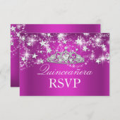 Hot Pink Sparkle Tiara & Stars Quinceanera RSVP (Voorkant / Achterkant)