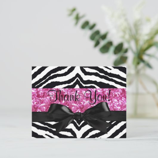 Hot Pink Sparkle Zebra Girly Girl Bedankt Opmerkin Briefkaart (Staand voorkant)