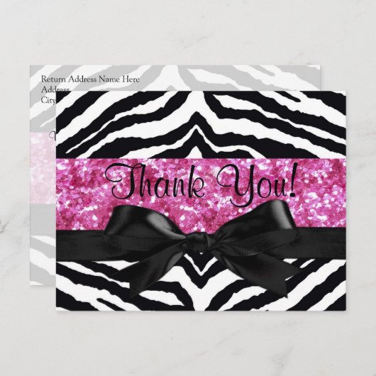 Hot Pink Sparkle Zebra Girly Girl Bedankt Opmerkin Briefkaart (Voorkant / Achterkant)