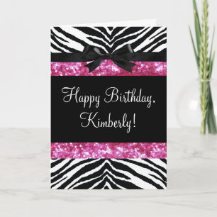 Hot Pink Sparkle Zebra Girly's Kaart