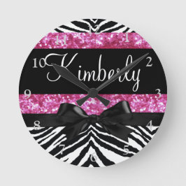 Hot Pink Sparkle Zebra Girly's Ronde Klok