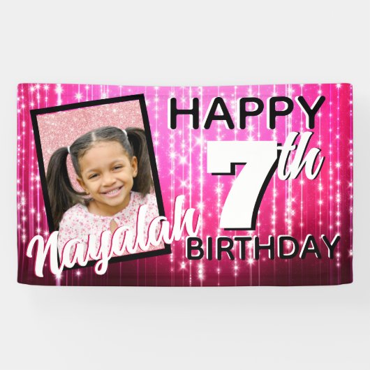 Hot Pink Sparkles| Monogram| AGE| Foto Birthday Spandoek (Horizontaal)